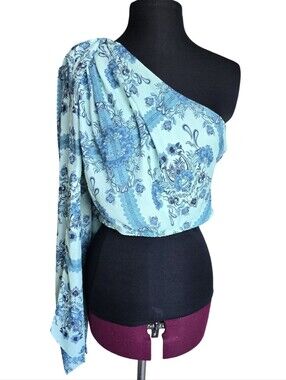 PrettyLittleThing Light Teal Blue One-Shoulder Floral Crop Top Size 8 Boho